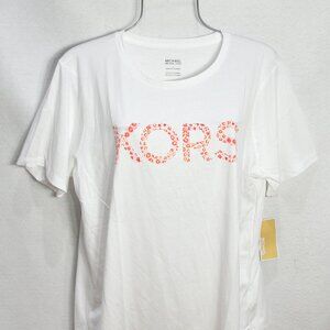 Share Michael Kors Women's Blouse XL White Sangria Gold MK Logo Short Sleeve Top